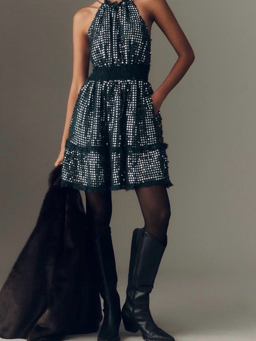 Anthropologie Green & Silver Sequin Halter Tiered Ruffle Mini-Dress Size S